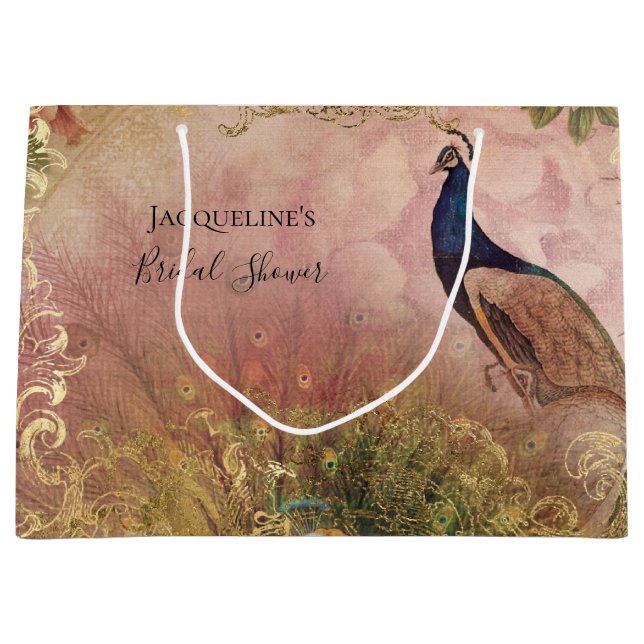Bolsa De Regalo Grande Peacock Chinoiserie Peony Floral Bridal Shower (Anverso)
