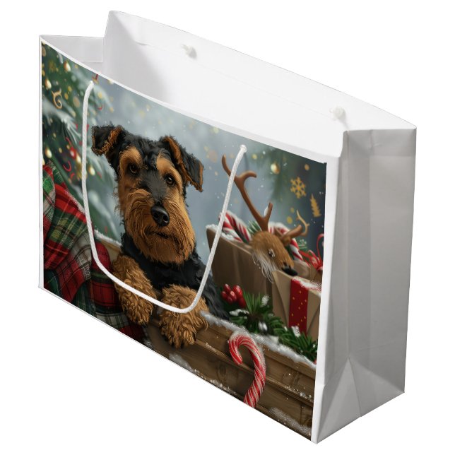 Bolsa De Regalo Grande Perro Airedale Fiesta Navideña  (Angulo Anverso)