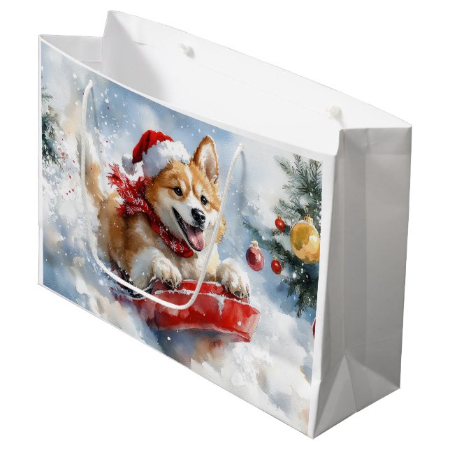 Bolsa De Regalo Grande Perro Akita con manchas deja que nieve Navidades (Angulo Anverso)