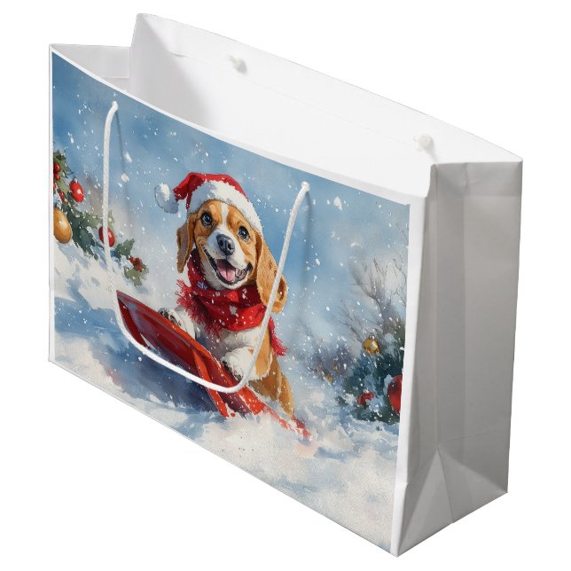 Bolsa De Regalo Grande Perro Beagle con manchas y Navidades de nieve (Angulo Anverso)