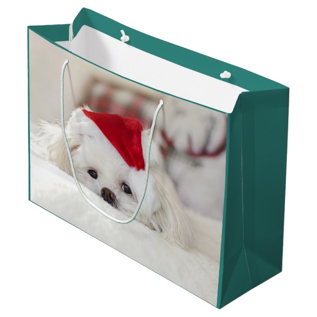 Bolsa De Regalo Grande Perro blanco lindo en un Gorra de Navidades rojos (Angulo Anverso)