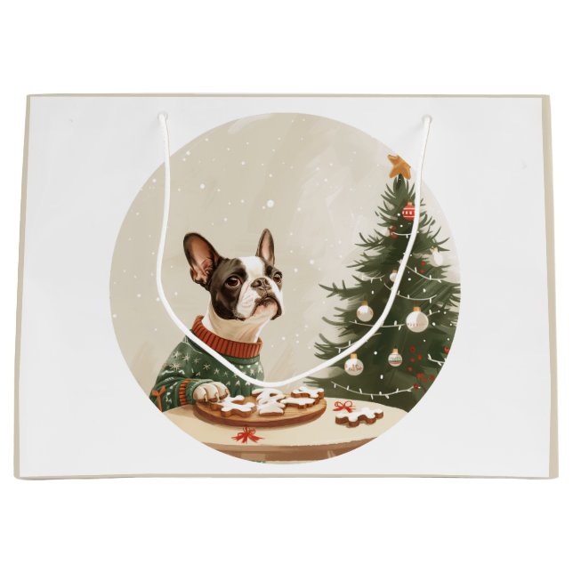 Bolsa De Regalo Grande Perro Boston Terrier de Navidad (Anverso)