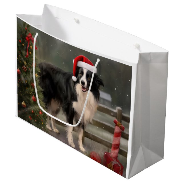 Bolsa De Regalo Grande Perro collie fronterizo en Navidades de nieve (Angulo Anverso)