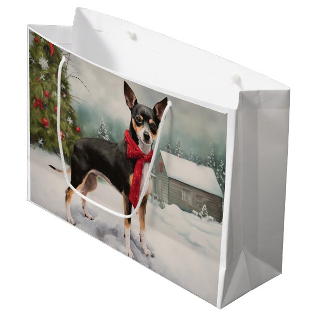 Bolsa De Regalo Grande Perro de Rat Terrier en Navidades de Nieve (Angulo Anverso)