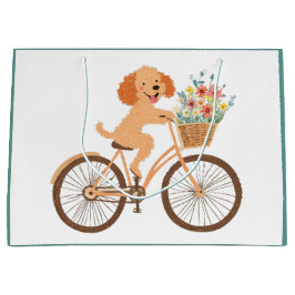 Bolsa De Regalo Grande Perro Goldendoodle Lindo en Bicicleta con Flores d