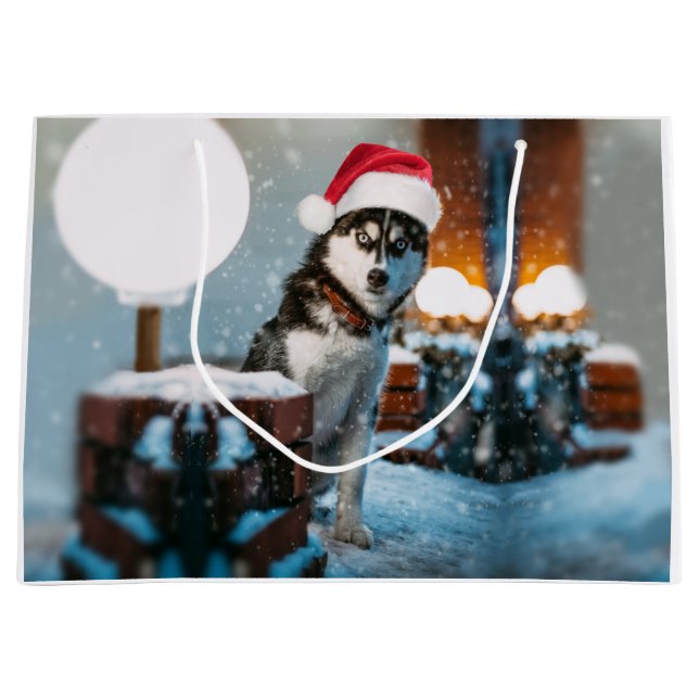Bolsa De Regalo Grande Perro Husky siberiano con sombrero santa (Anverso)