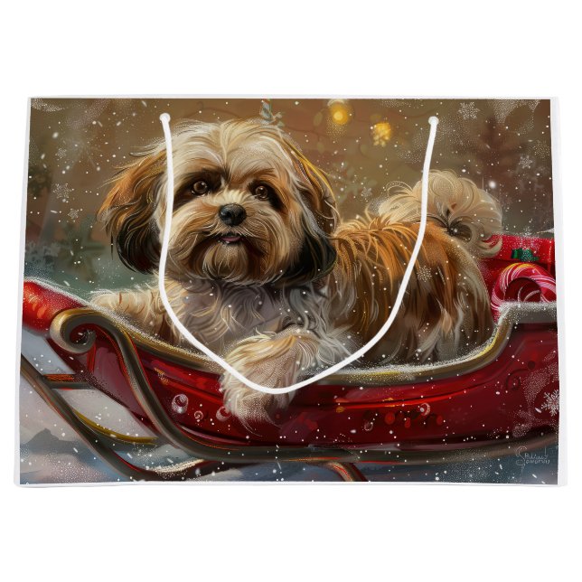 Bolsa De Regalo Grande Perro Lhasa Apso Navidad Festiva (Anverso)