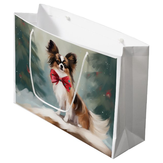 Bolsa De Regalo Grande Perro Papillon en Navidades de nieve (Angulo Anverso)