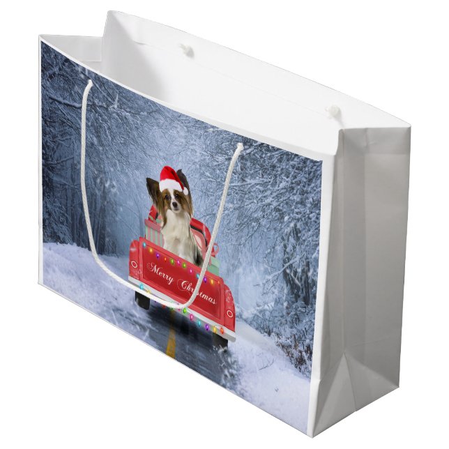 Bolsa De Regalo Grande Perro Papillon en nieve sentado en un camión de Na (Angulo Anverso)
