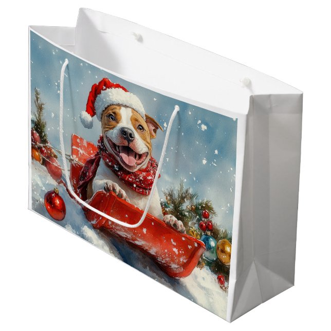 Bolsa De Regalo Grande Perro Pitbull en la mancha, Navidades de la nieve (Angulo Anverso)