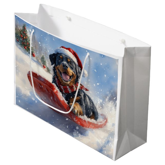 Bolsa De Regalo Grande Perro Rottweiler con mangas y Navidades que nieva (Angulo Anverso)
