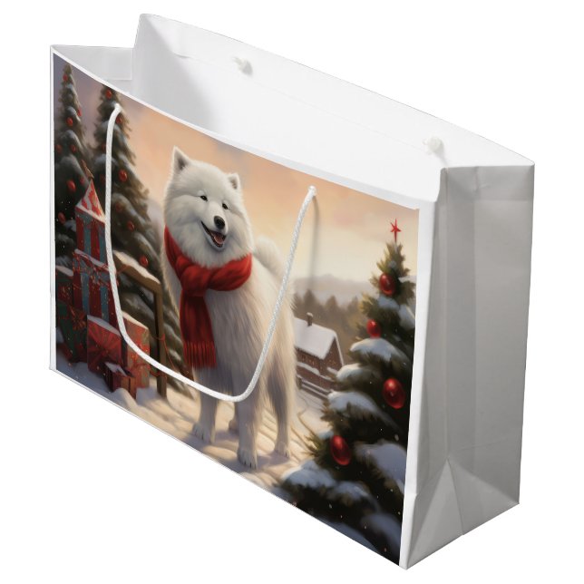 Bolsa De Regalo Grande Perro samoyano en Navidades de nieve (Angulo Anverso)