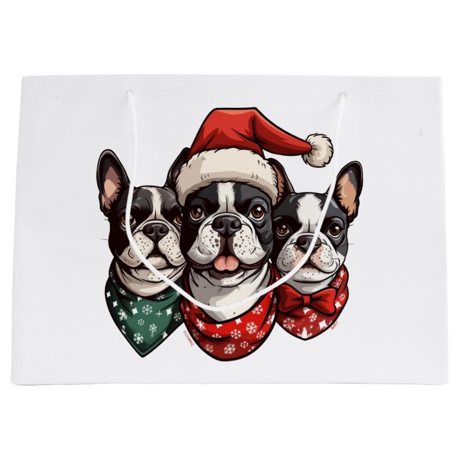 Bolsa De Regalo Grande Perros Boston Terrier de Navidad (Anverso)