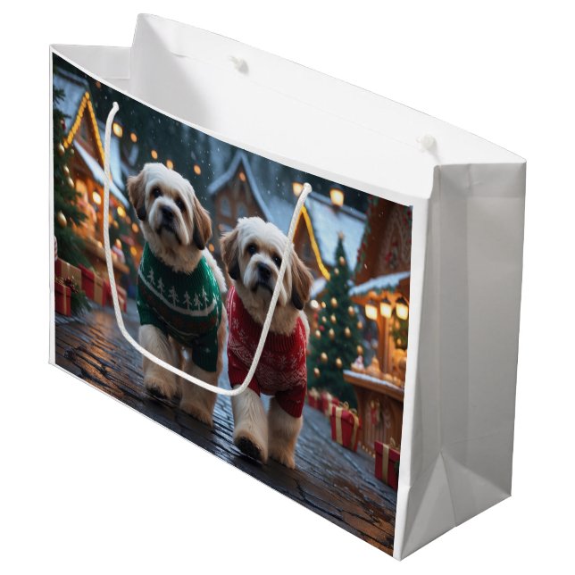 Bolsa De Regalo Grande Perros Lhasa Apso Navidad Nieve Fiesta (Angulo Anverso)