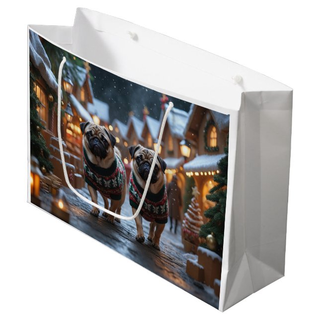 Bolsa De Regalo Grande Perros Pug Navidad Nieve Fiesta (Angulo Anverso)