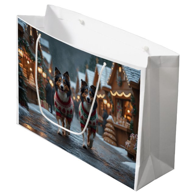 Bolsa De Regalo Grande Perros Rough Collie Navidad Nieve Fiesta (Angulo Anverso)