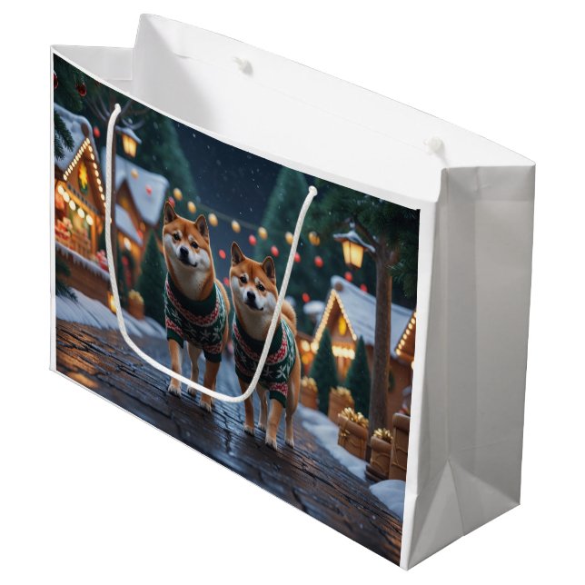 Bolsa De Regalo Grande Perros Shiba Inu Navidad Nieve Fiesta (Angulo Anverso)