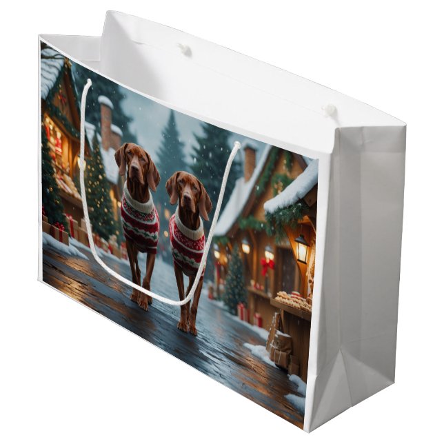 Bolsa De Regalo Grande Perros Vizsla Navidad Nieve Fiesta (Angulo Anverso)