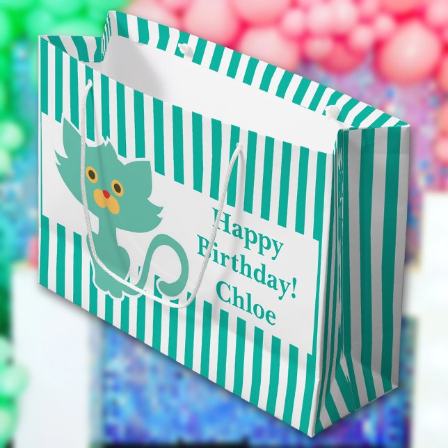 Bolsa De Regalo Grande Personalizado Aqua-White Stripe・Cat・ (Subido por el creador)