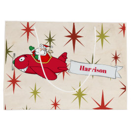 Bolsa De Regalo Grande Personalizado, avión rojo y Santa, Feliz Navidad