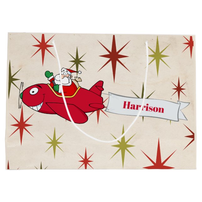 Bolsa De Regalo Grande Personalizado, avión rojo y Santa, Feliz Navidad (Reverso)