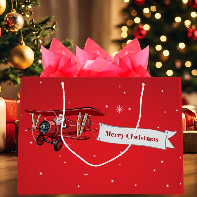 Bolsa De Regalo Grande Personalizado, avión rojo y Santa, Feliz Navidad (Subido por el creador)