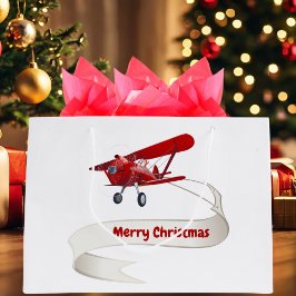 Bolsa De Regalo Grande Personalizado, avión rojo y Santa, Feliz Navidad