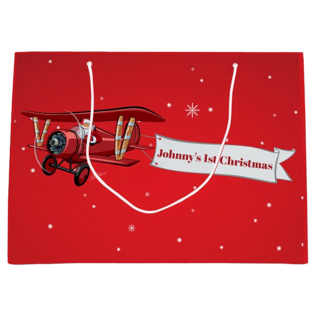 Bolsa De Regalo Grande Personalizado, Avión Rojo y Santa, Primera Navidad (Anverso)