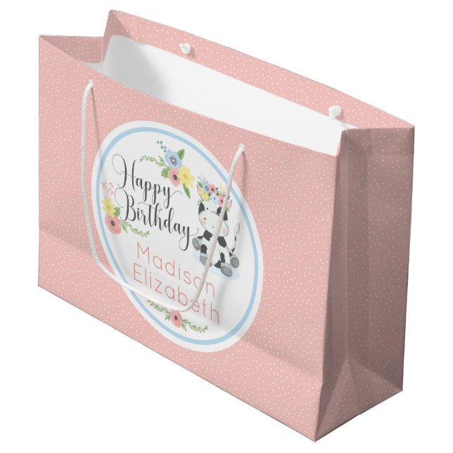 Bolsa De Regalo Grande Personalizado de ternera floral de cumpleaños feli (Angulo Anverso)