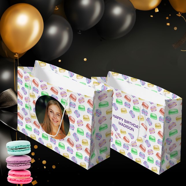 Bolsa De Regalo Grande Personalizado Foto Patrón de cumpleaños Cookies Ma (Custom Photo Birthday Pattern Cookies Macarons Large Gift Bag)