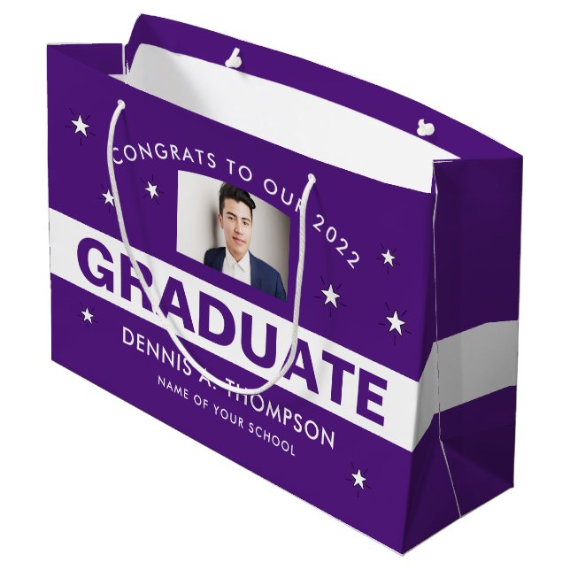 Bolsa De Regalo Grande Personalizado fotográfico de graduación morado y b (Angulo reverso)