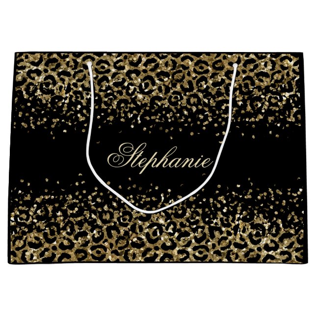 Bolsa De Regalo Grande Personalizado Glitter Impreso Leopardo Negro Oro (Anverso)