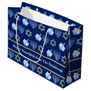 Bolsa De Regalo Grande Personalizado Hanukkah Blue Menorah Dreidel Patter