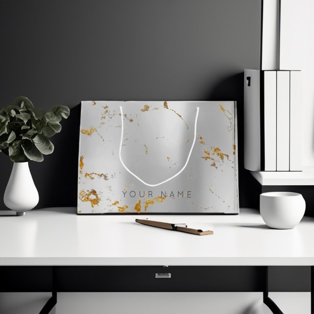 Bolsa De Regalo Grande Personalizado Marble Gray Gold Metalizado Lux Resu (Custom Marble Gray Gold Metal Lux Abstract Silver Large Gift Bag)