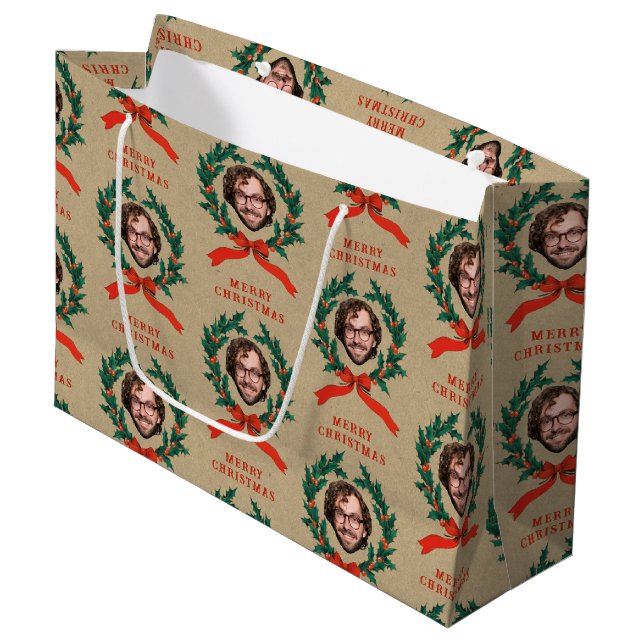 Bolsa De Regalo Grande Personalizado Navidades divertidos Wreath Face Pho (Angulo Anverso)