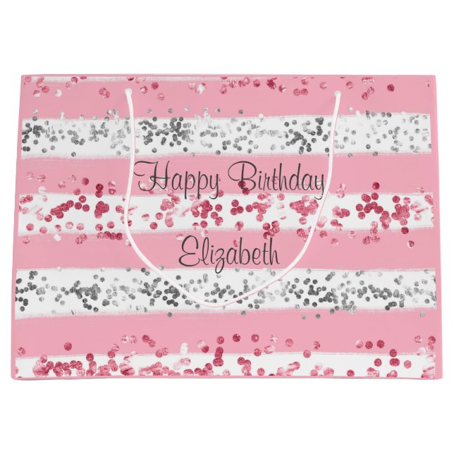 Bolsa De Regalo Grande Personalizado Rosa Blanco Gris Plata Brillo (Anverso)