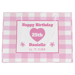 Bolsa De Regalo Grande Personalizado Rosa White Checkered Feliz cumpleaño