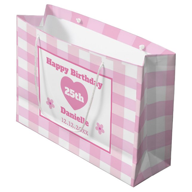 Bolsa De Regalo Grande Personalizado Rosa White Checkered Feliz cumpleaño (Angulo Anverso)