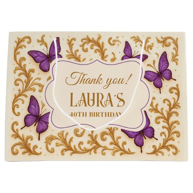 Bolsa De Regalo Grande Personalizado Royal Gold Purple Butterfly Cumpleañ (Anverso)