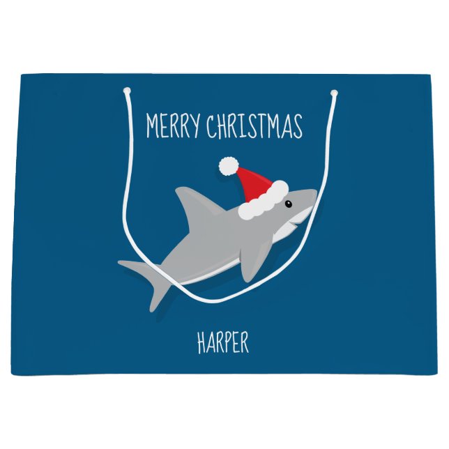 Bolsa De Regalo Grande Personalizado sonriente Shark Santa Hat Navidades  (Anverso)