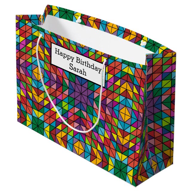 Bolsa De Regalo Grande Personalize Name Quilt Pattern Happy Birthday (Angulo reverso)