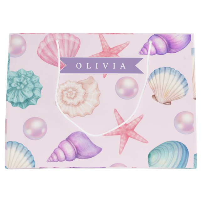 Bolsa De Regalo Grande Personalized Pastel Seashell Coastal Custom Name (Anverso)
