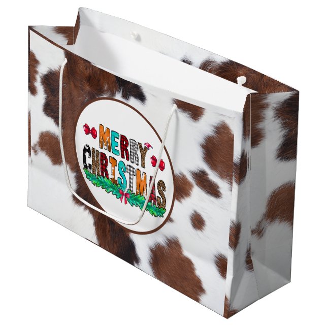 Bolsa De Regalo Grande Piel de vaca Brown White Merry Navidad (Angulo Anverso)