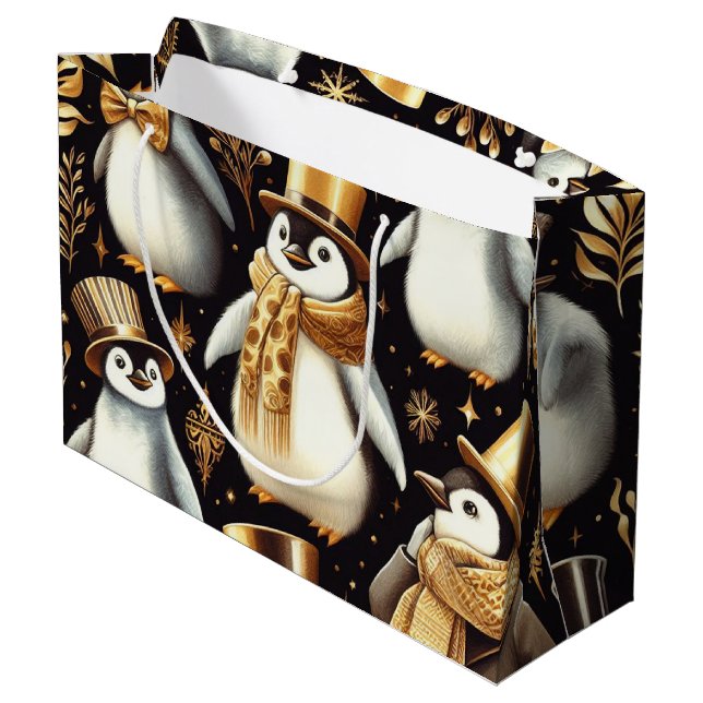 Bolsa De Regalo Grande Pingüino negro y dorado (Angulo reverso)