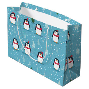 Bolsa De Regalo Grande Pingüinos lindos sobre azul claro con copos de nie