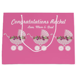 Bolsa De Regalo Grande Pink Carriage Girl Baby Shower 12.5” l x 4” w x 9”