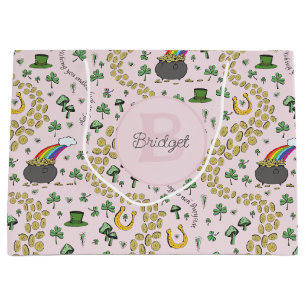 Bolsa De Regalo Grande Pink Cute n' Curvy Shamrock Nombre del bebé St Pat