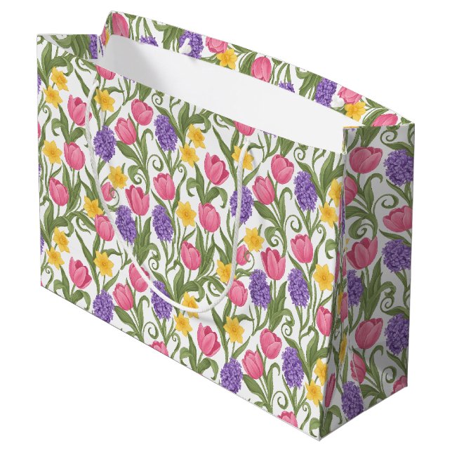 Bolsa De Regalo Grande Pink Tulips, Yellow Daffodils, Purple Hyacinths (Angulo reverso)