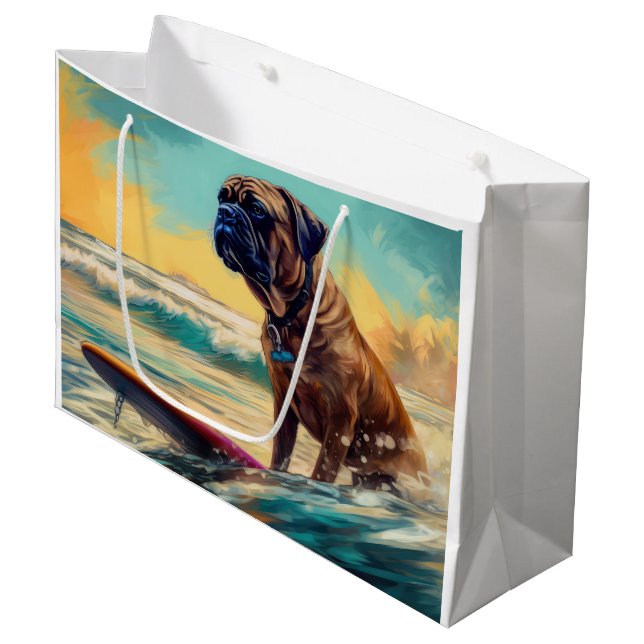 Bolsa De Regalo Grande Pintura de Bullmastiff Beach Surfing (Angulo Anverso)