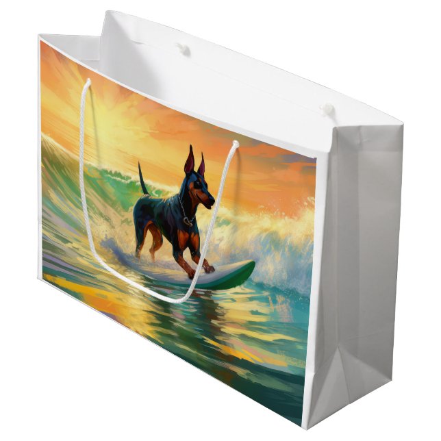 Bolsa De Regalo Grande Pintura Doberman Beach Surfing (Angulo Anverso)